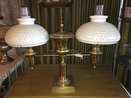 Vintage Double Hobnail Milk Glass Electric Lamp w/Brass Tone Base