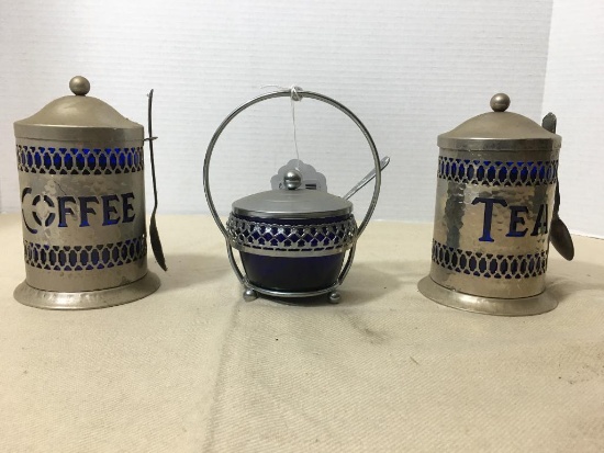 Three Piece Cobalt Blue Glass and Silver Plate Tea, Coffee and Sugar Set