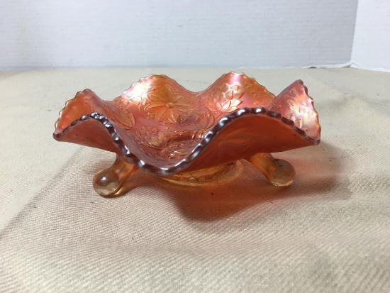 Vintage Fenton Style Ruffled Edge Footed Floral Carnival Glass Candy Dish