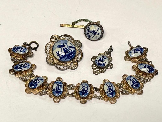 Sterling Silver Brooch, Bracelet, Pendant and Tie Tack Set