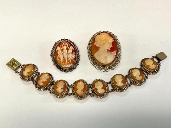 Two Cameo Brooch/Pendants and Bracelet Set
