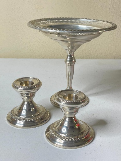 Sterling Silver Weighted Pedestal Dish and Pair of Candle Sticks