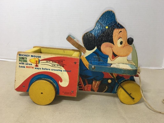Vintage Mickey Mouse Safety Patrol w/Siren Wooden Pull Toy