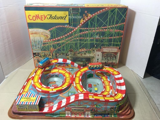 Vintage Technofix Coney Island Roller Coaster Car #307, Two Wind-Up Tin Litho Cars, W Germany