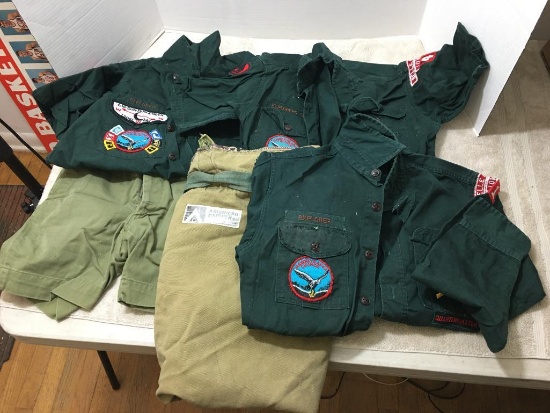 Boy Scout Lot Incl Two Short Sleeve Shirts, One Long Sleeve, Shorts and Tent Bag