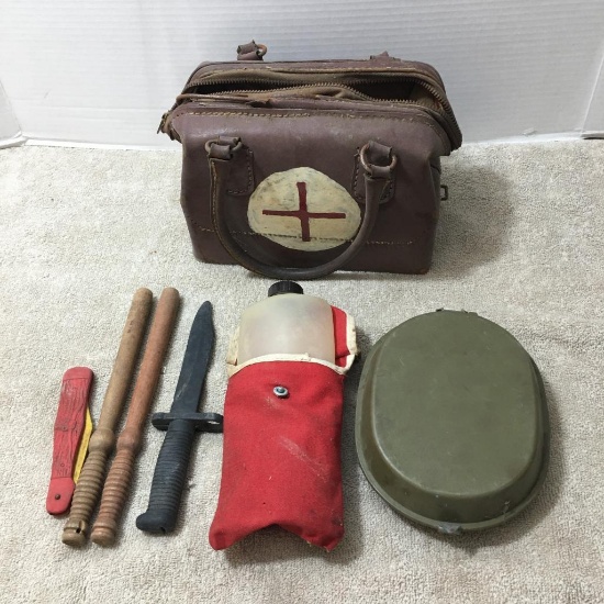 Misc Treasure Lot Incl First Aid Kit, Plastic Toy Knives, Mess Kit and More