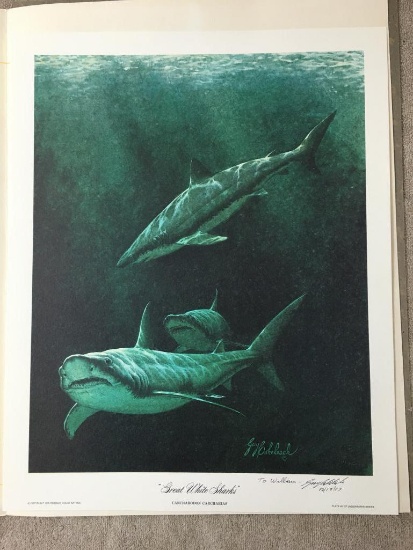 Regency House Art Inc "The Great White Sharks" Print Signed by Guy Coheleach 1977