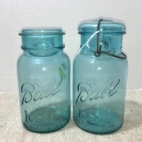 Two Antique Blue Ball Ideal Quart Lidded Glass Jars 1906
