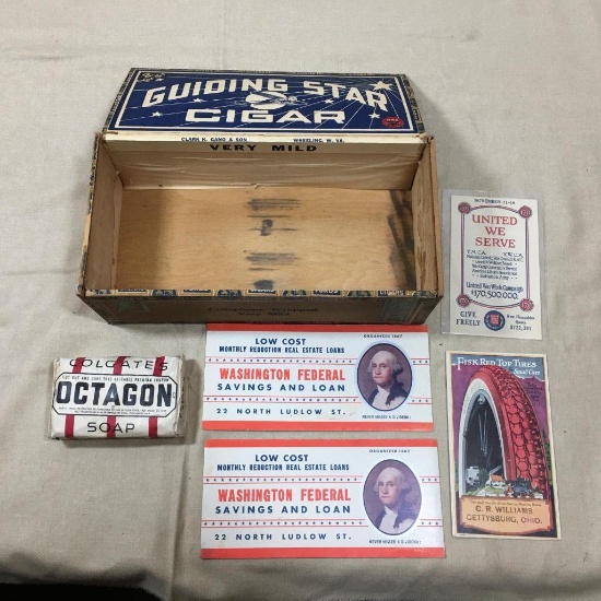 Guiding Star Cigar Box w/Advertisements and More