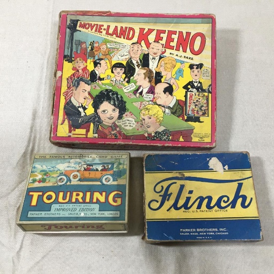 Three Vintage Games Incl Flinch, Touring and Movie Land Keeno