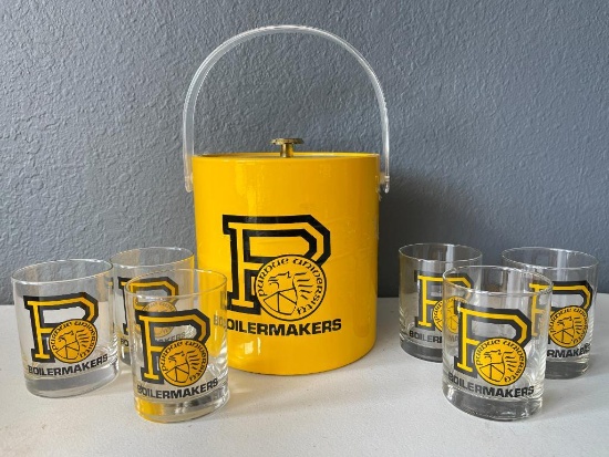 Set of 6 Purdue Cocktail Glasses and Ice Bucket