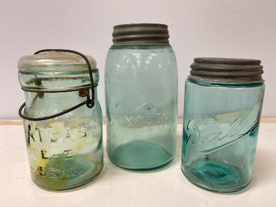 Group of 3 Vintage Aqua Glass Jars