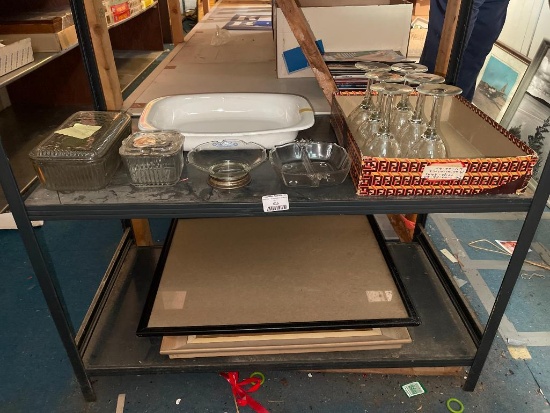 Two Shelf Lot of Misc Glass Dishes and Photo Frames (Shelf NOT Included) (Basement)