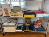 Two Shelf Lots of Misc Items Incl US Navy War Photos, CD Player, Linens, Drinking Glasses and More
