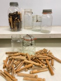 Group of Vintage Glass Jars and Clothes Pins
