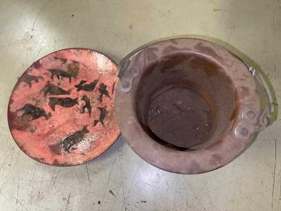 Two Piece Lot Incl Decorative Metal Plate and Hat Bucket