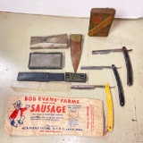 Misc Treasure Lot Incl Bob Evans Cloth Sausage Bag, Vintage Tobacco Tin, Copper and More
