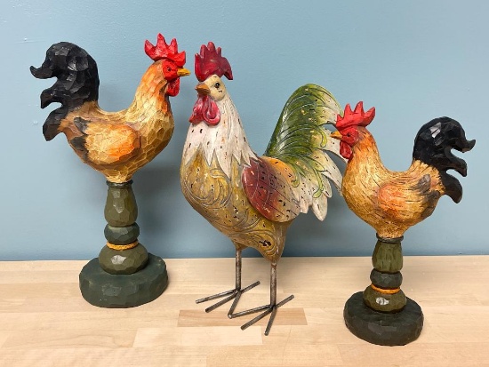 Group of 3 Wooden Roosters