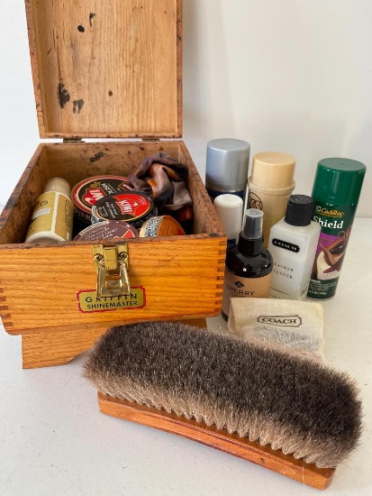 Wooden Shoe Shine Box and Accessories