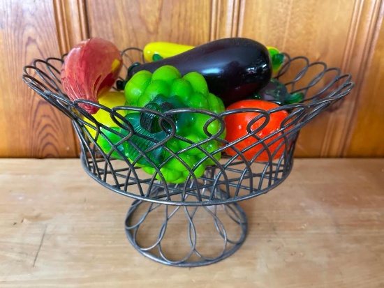 Metal Basket of Glass Fruit