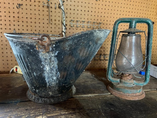 Vintage Coal Bucket and Lantern