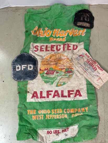 Misc Treasure Lot Incl Vintage 60lb Alfalfa Bag, Dayton Fire Dept Leather Helmet Badges and More