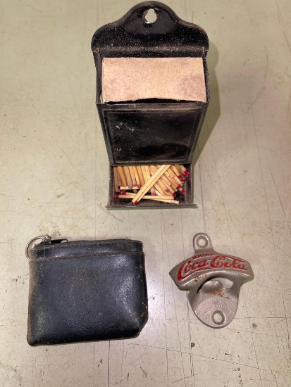 Misc Treasure Lot Incl Tin Matchbox Holder, Leather Change Wallet and Coca Cola Bottle Opener