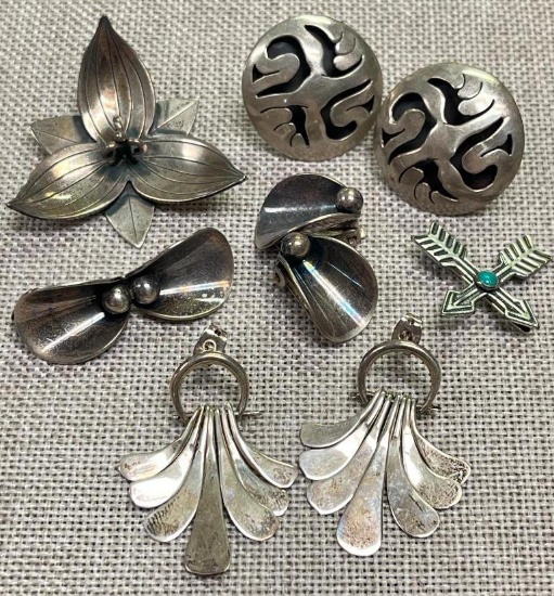 Group of Sterling Silver Brooches and Earrings