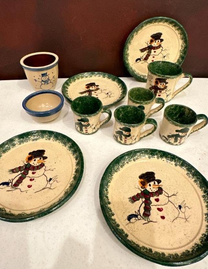 Group of Studio Pottery Christmas Dishes, Snowman Themed
