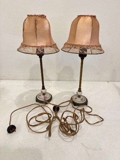 Two Vintage Porcelain and Metal Lamps with Floral Accents, Working