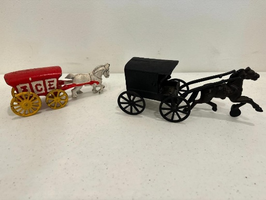 Cast Iron Horse Pulled Ice Wagon and Amish Couple