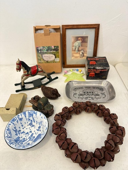 Misc. Treasure Lot with Granite Ware Bowl, Rocking Horse w/o Tail, Bells and More!