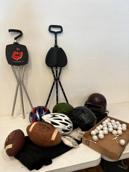 Sports Lot with Golf Chairs, Football, Baseball Helmet Size Small, Bike Helmets