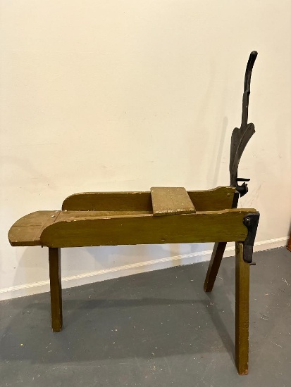 Antique Tobacco/Sugar Cane Chaff Guillotoine Cutter/Chopper, Wood Trough Table