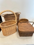 Group of Four Baskets including a Picnic Basket full of Cross Stitch Items