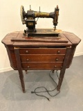 Antique, White Sewing Machine with Antique Cabinet