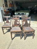 Group of 5 Antique T-Back, Wood Chairs with Leather Seats