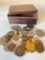 Group of Foreign Coins in Wood/Brass Box