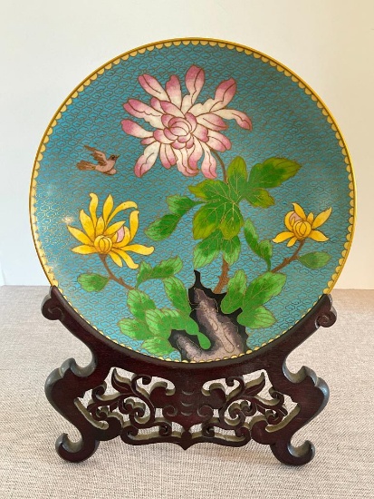 Vintage Cloisonne Plate with Wooden Stand