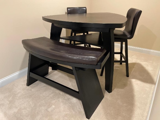 Raymour and Flanigan Pub Height Triangle Table and Chairs with Curved Bench