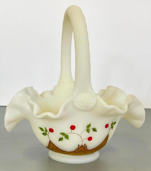 Signed Vintage Hand Painted Fenton Basket Vase