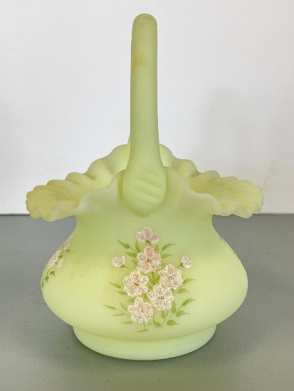Signed Vintage Hand Painted Fenton Basket Vase