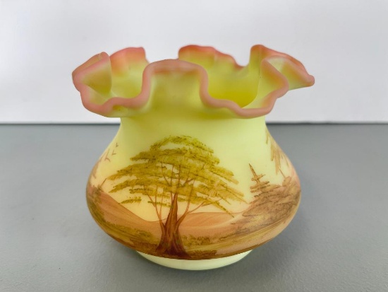 Signed Vintage Hand Painted Fenton Short Uranium Vase