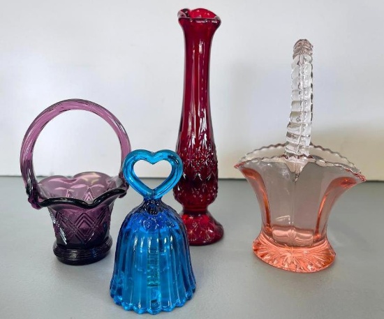 Group of 4 Vintage Glass Vase, Bell and Baskets