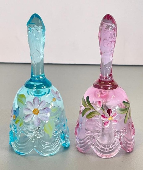 Pair of Signed Vintage Hand Painted Fenton Glass Bells