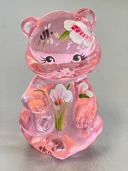 Signed Vintage Fenton Hand Painted Glass Bear Figurine
