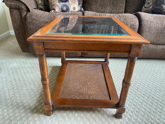 Wooden End Table with Glass Top