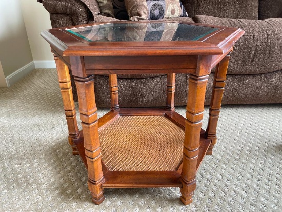 Wooden End Table with Glass Top