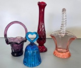 Group of 4 Vintage Glass Vase, Bell and Baskets