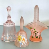 Group of Vintage Hand Painted Fenton Glass Bells / Basket
